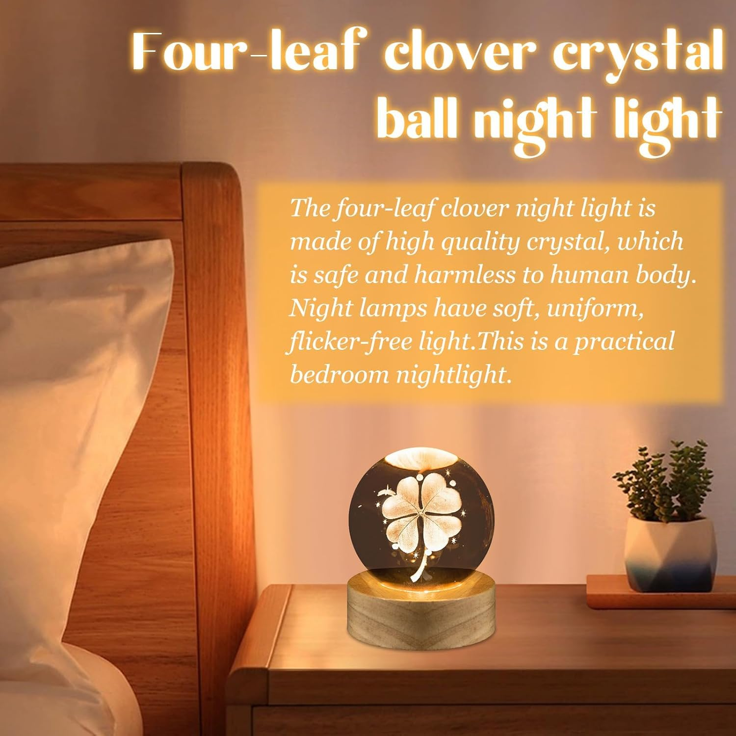 3D Crystal Ball Night Light, 60 Mm Four-Leaf Lucky Charm Clover Crystal Ball, Glass Ball Lamp Decoration with Wooden Base, Christmas Gifts Night Light for Children for Christening, Birthday image number 6