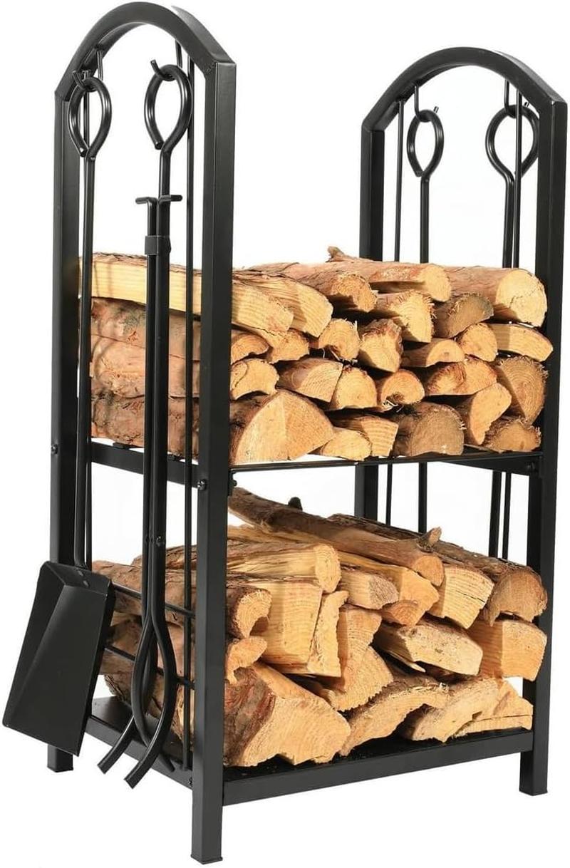 Firewood Rack with 4 Tools Set - Heavy Duty Steel Log Holder Includes Poker, Brush, Shovel & Tongs | Rust-Resistant Indoor/Outdoor Use (73Cm X 30Cm X 45Cm) image number 3