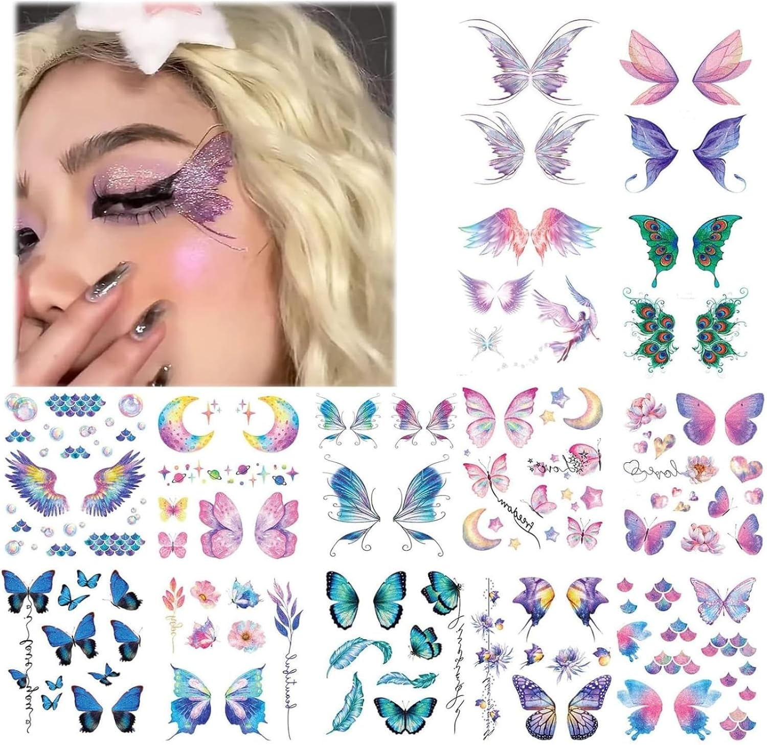 ITADAKU 14 Sheets Glitter Butterfly Tattoos Temporary Stickers Waterproof Butterfly Face Tattoo Glitter Fairy Wings Makeup Fake Tattoos for Girls Fairy Princess Party Birthday Party Favor Gifts image number 5