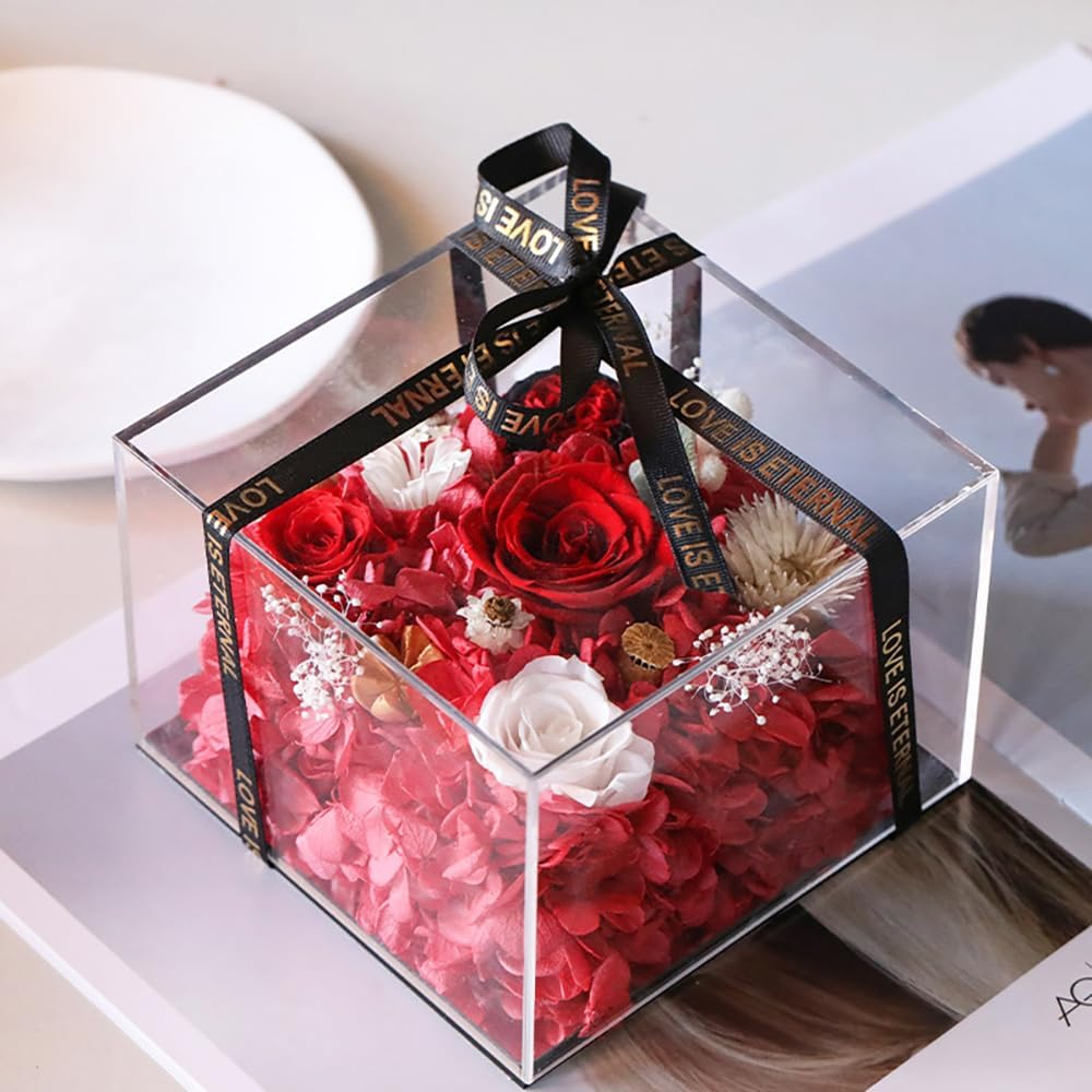 FIZOZI Eternal Rose Acrylic Cube - 15Cm Preserved Floral Women | Anniversary, Birthday, Valentine'S Day | 5 Colors (Red/Pink/Blue/Purple/Yellow) with Gift Box - Pink image number 3