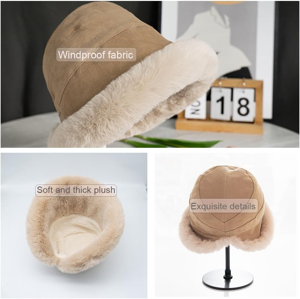 Plush Fuzzy Bucket Hat for Women Warm Fluffy Faux Fur Fisherman Cap Winter Ski Outdoor Windproof Warm Fleece Lining Hat - Black image number 5