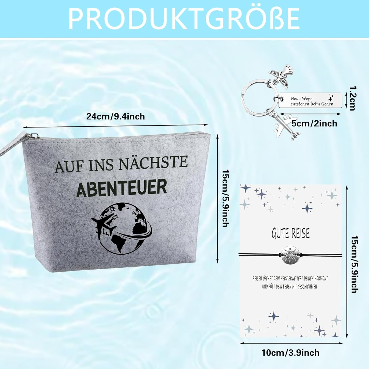 Set of 3 Travel Cosmetic Bag with Angel Amulet Key Ring, Portable Toiletry Bag, Cosmetic Bag, Small Travel Gifts for Women, German, Leisure