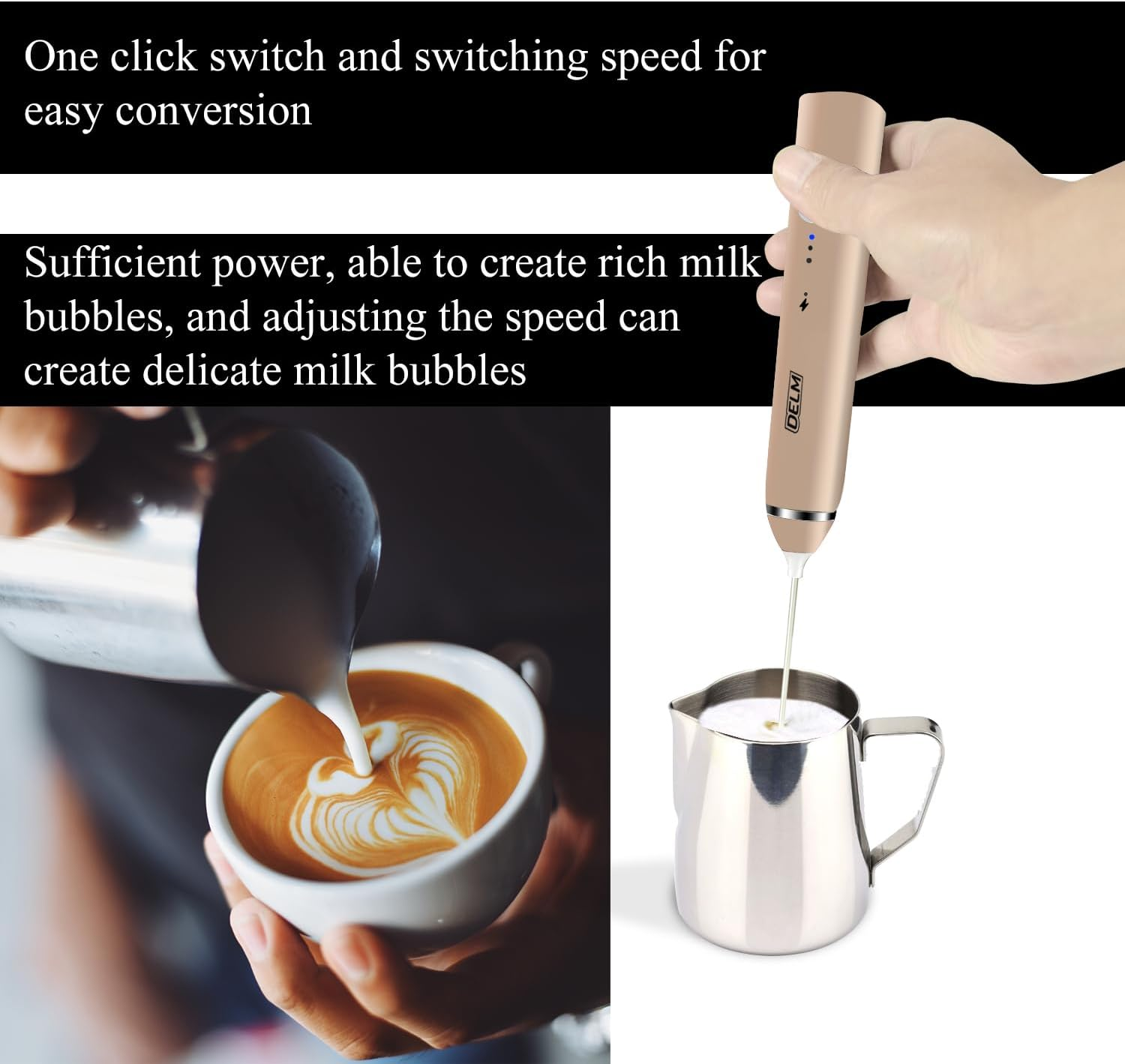 DELM Rechargeable Milk Frother Handheld Foam Maker with Stainless Whisk for Cappuccino, Latte, Bulletproof Coffee, Keto Diet, Protein Powder, Matcha (Beige)