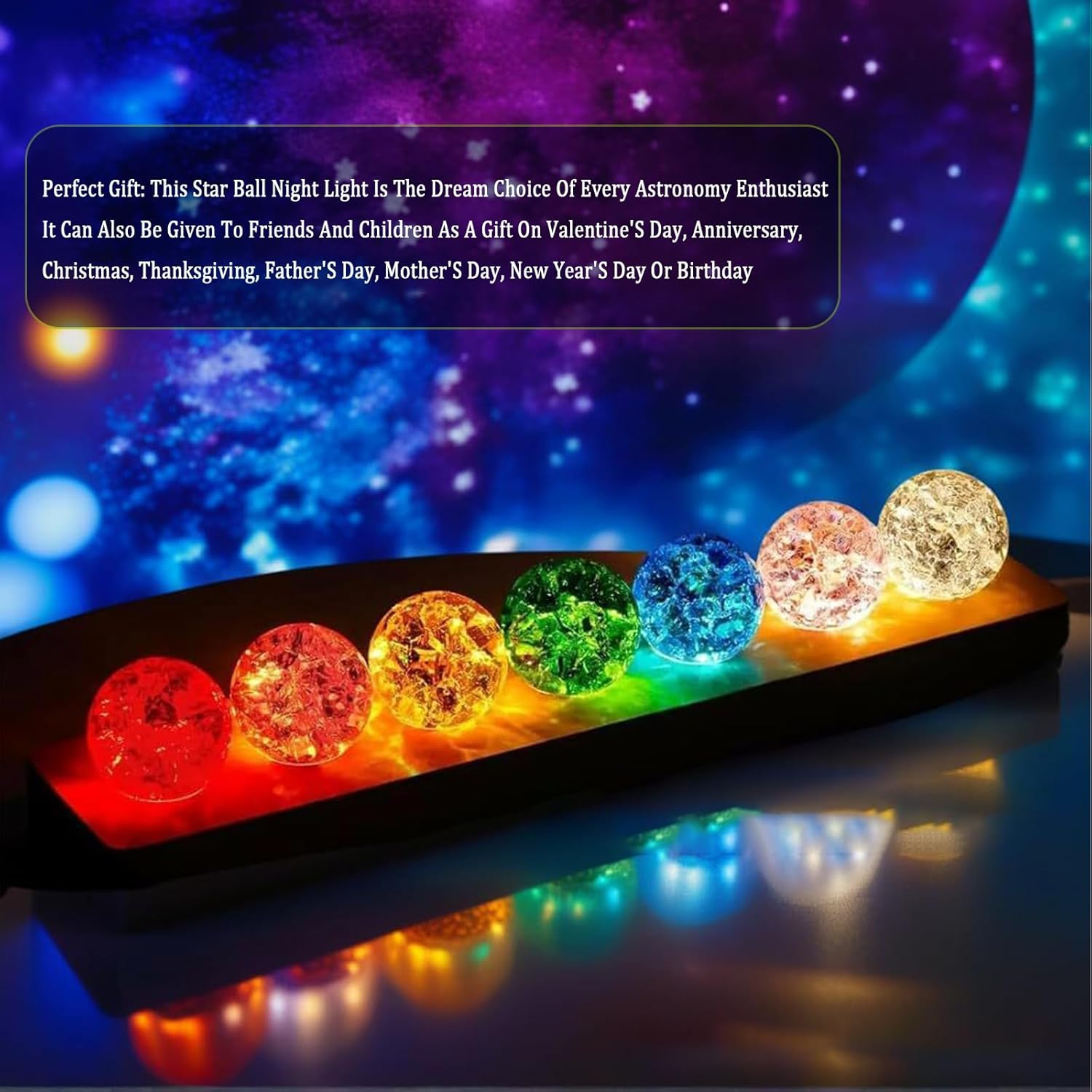 3D Crystal Ball Night Light, Fantastic Star Globe Night Light, Colourful Mini Glass Health Globes with Wooden Base, Ice-Cracked Crystal Ball in 7 Colours, Photography Ball Gift for Home, Living Room image number 3