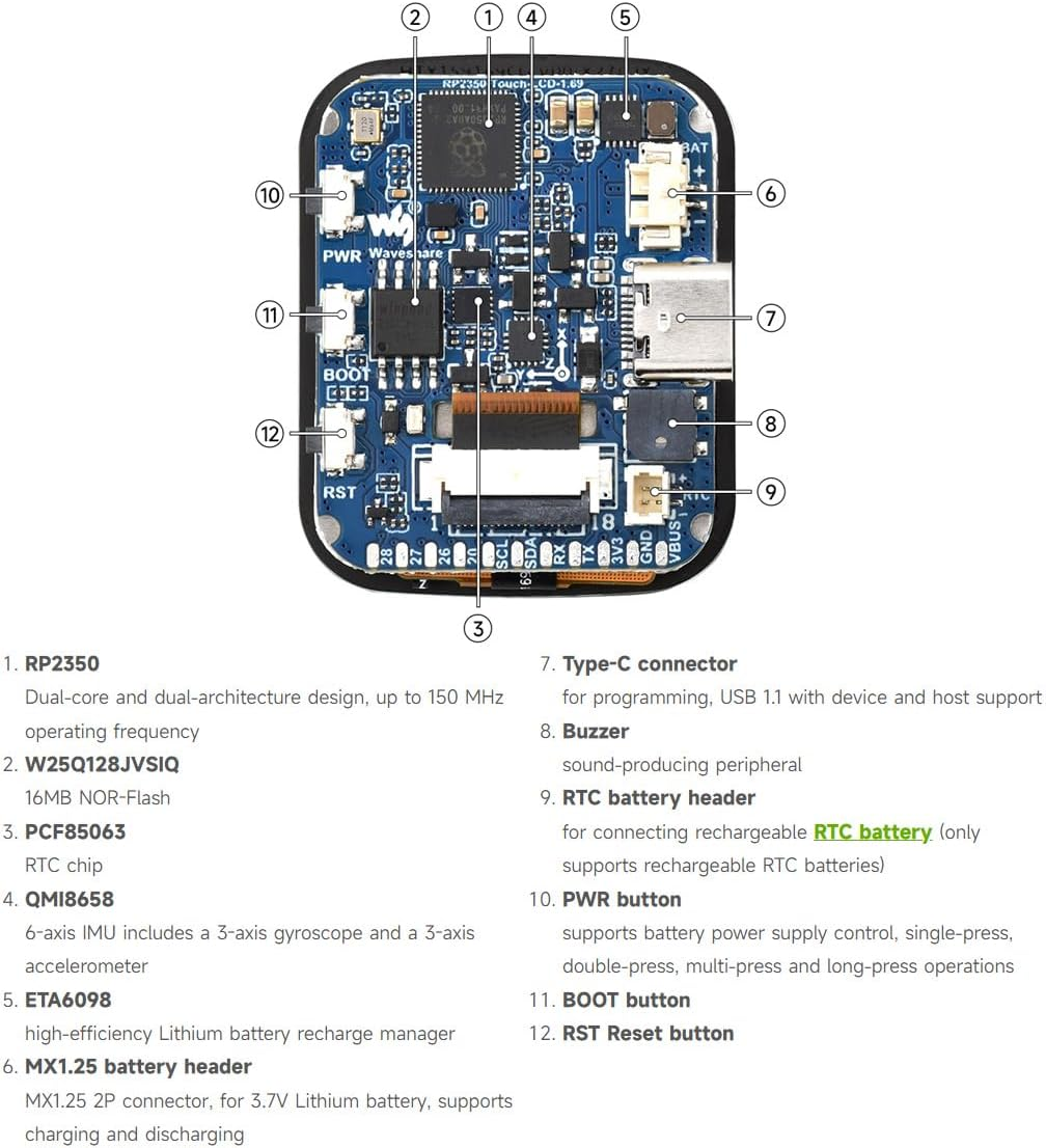 Waveshare RP2350 Microcontroller Development Board, with 1.69Inch Touch LCD, Rounded Corners, Dual-Core & Dual-Architecture Design, 16MB Flash, Accelerometer and Gyroscope Sensor image number 1