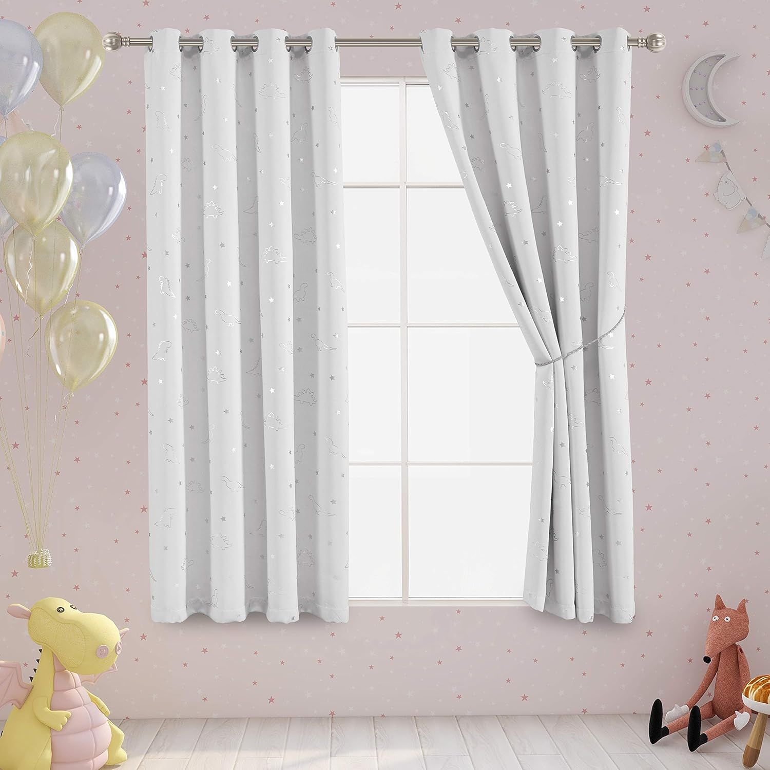 LORDTEX Dinosaur and Star Foil Print Blackout Curtains for Kids Room - Thermal Insulated Curtains Noise Reducing Window Drapes for Boys and Girls Bedroom, 42 X 63 Inch, Grey, Set of 2 Panels