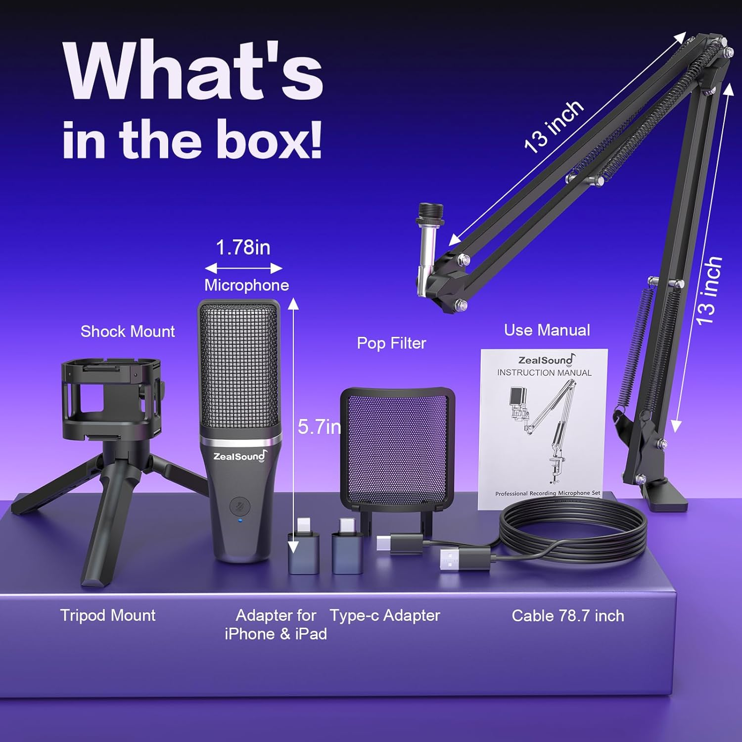 Zealsound Gaming USB Microphone,Noise Cancellation Condenser Mic,Rgb Microphone with Mute,Gain,Monitoring,Boom Arm,Pop Filter for Phone,Pc,Computer,Ps4,Ps5,Mac,Streaming,Podcast,Twitch,Youtube,Discord image number 5