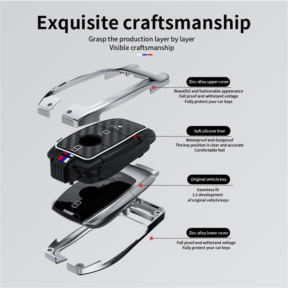 Ontto Luminous Car Key Fob Cover Fit for Mercedes Benz a C E-Class E300 E400 E63 S-Class CLA GLA GLE GLC GLK AMG Key Holder Meatl Silicone Smart Shell Case Keyring Keychain Accessories Black B - A (2 Buttons)-Silver image number 2