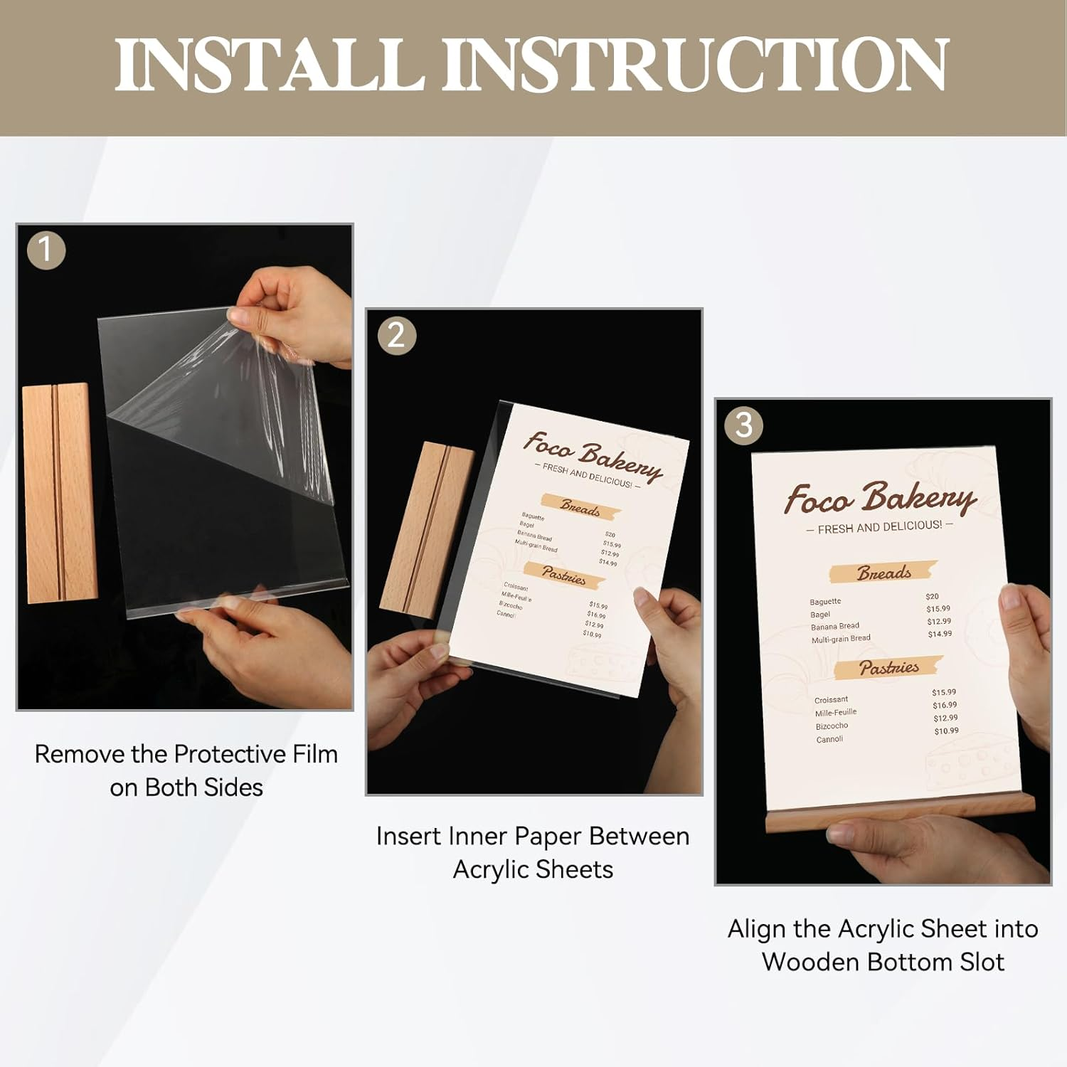 Fayrvind 5 Pack A5 Acrylic Sign Holder with Wooden Base, T-Shape Perspex Display Holder, Double Sided Clear Menu Poster, Wedding Table Number Stands, Tabletop Sign Holder for Retailer Vendor Booth image number 2