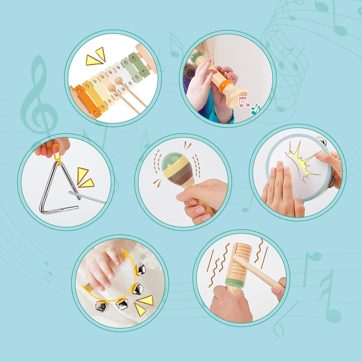 7 in 1 Musical Instruments Set for Toddler, Wooden Montessori Toys Best Birthday Gifts for Boys and Girls, Preschool Educational Musical Toys for 1 2 3 Year Old image number 4