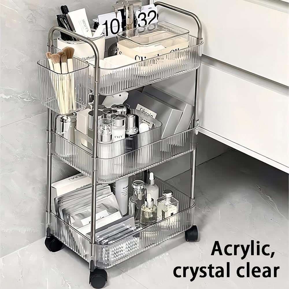 3-Tier Utility Rolling Cart, Organizer Shelves with 3 Baskets, Wheeled Makeup Trolley, Storage Rack, Mobile Utility for Office, Kitchen, Bathroom image number 4