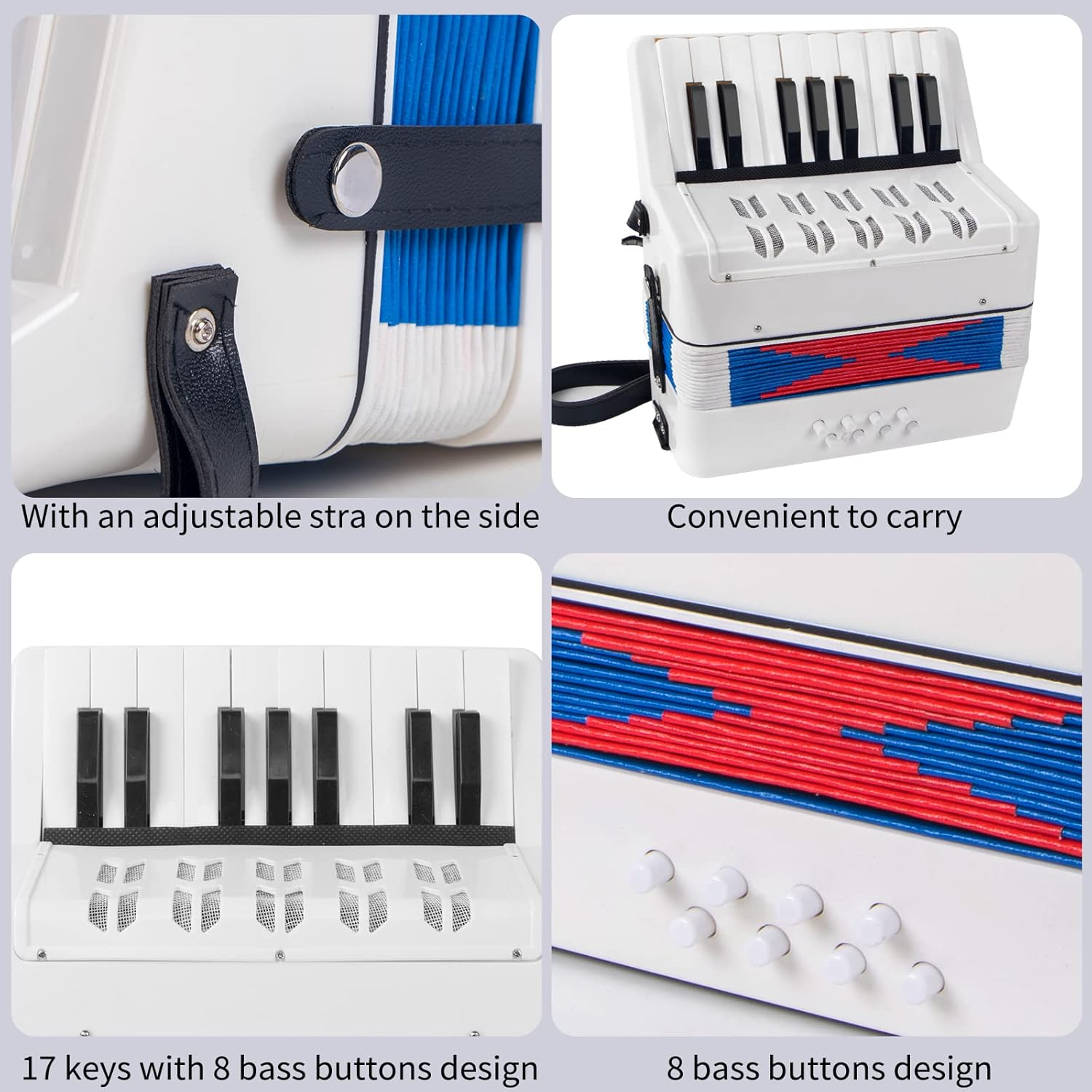 Accordion, 17 Keys Piano Accordion for Kids 8 Bass with Straps for Beginners Student Educational Musical Instrument (White) image number 4