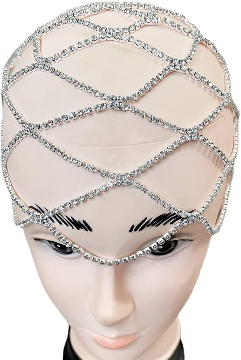 Rhinestone Mesh Headpiece Cap Silver Roaring 20S Crystal Flapper Head Chain for Women Girls, Head Jewelry Art Deco Bridal Party Hair Accessories