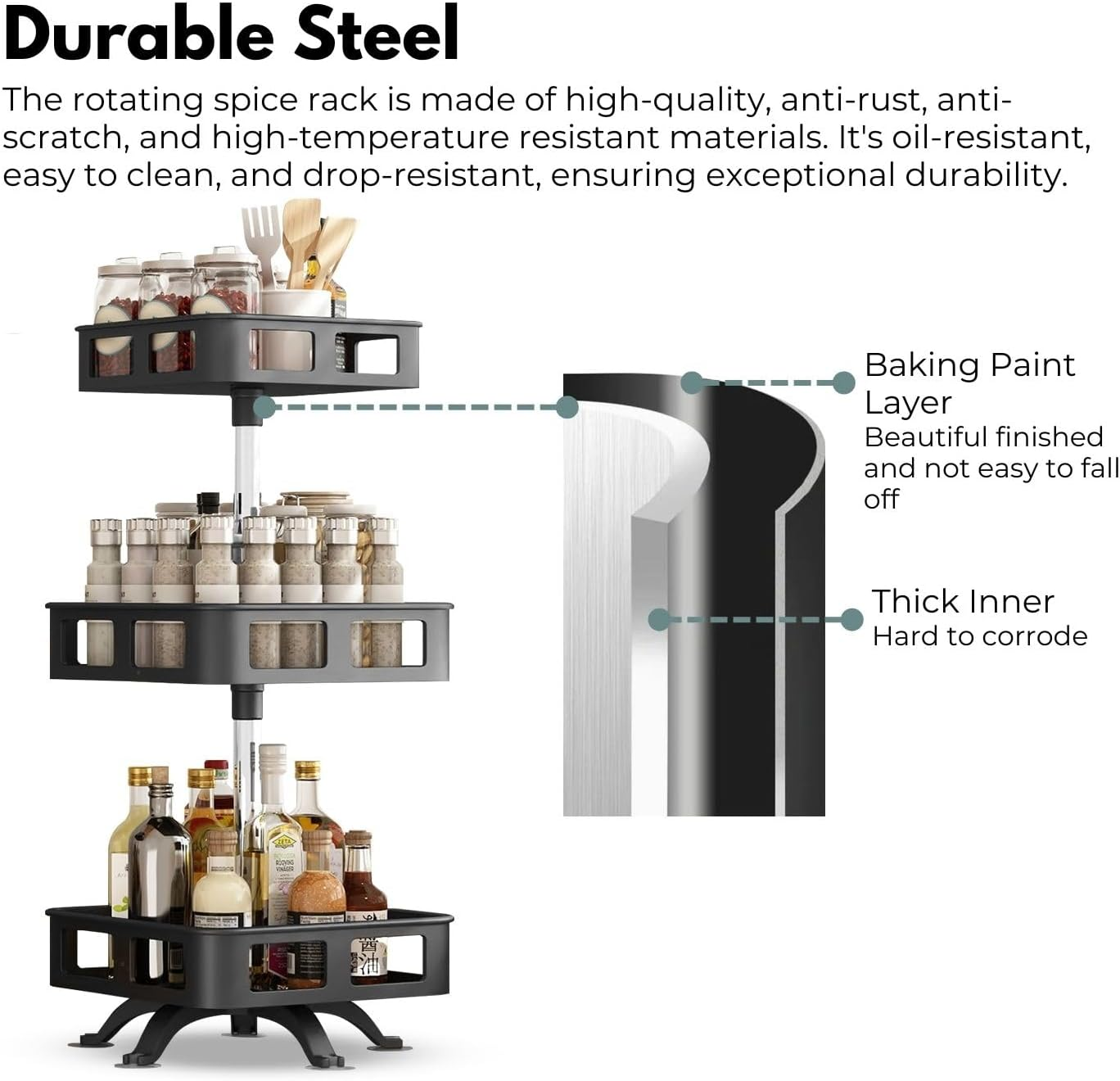 Gominimo Spice Rack 3 Tier Rotating Square Shape, 360&deg; Rotation, Multi-Layer Spice Rack Organiser, Rust-Resistant, Adjustable Carbon Steel Tray, Easy to Clean, Black image number 5
