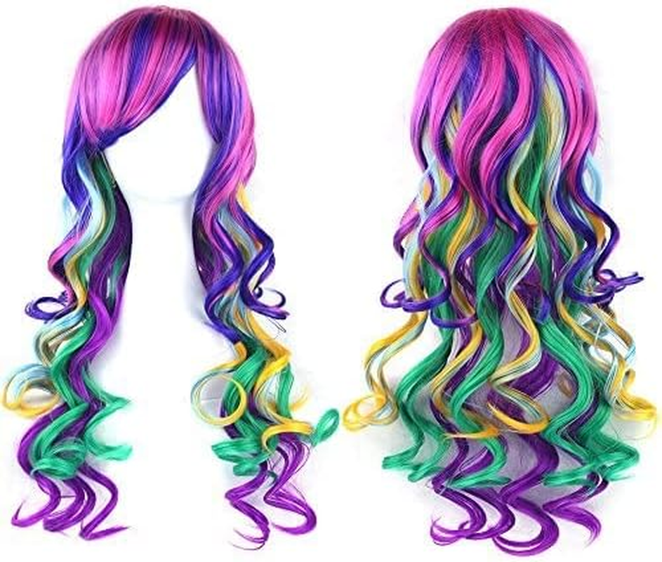IMISSU 26'' Long Curly Natural Hair Cosplay Wig with Bangs Colorful Halloween Costume Party Wigs for Women (Pink Purple) - Blue Pink image number 5