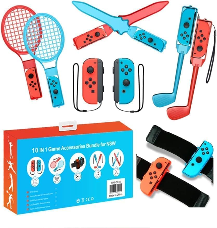 10 in 1 Switch Sports Accessories Bundle for Nintendo Switch, Family NS Sport Game Switch OLED Kits with Tennis Rackets, Golf Clubs, Chambara Swords, Soccer Leg Straps & Joycon Grips image number 4