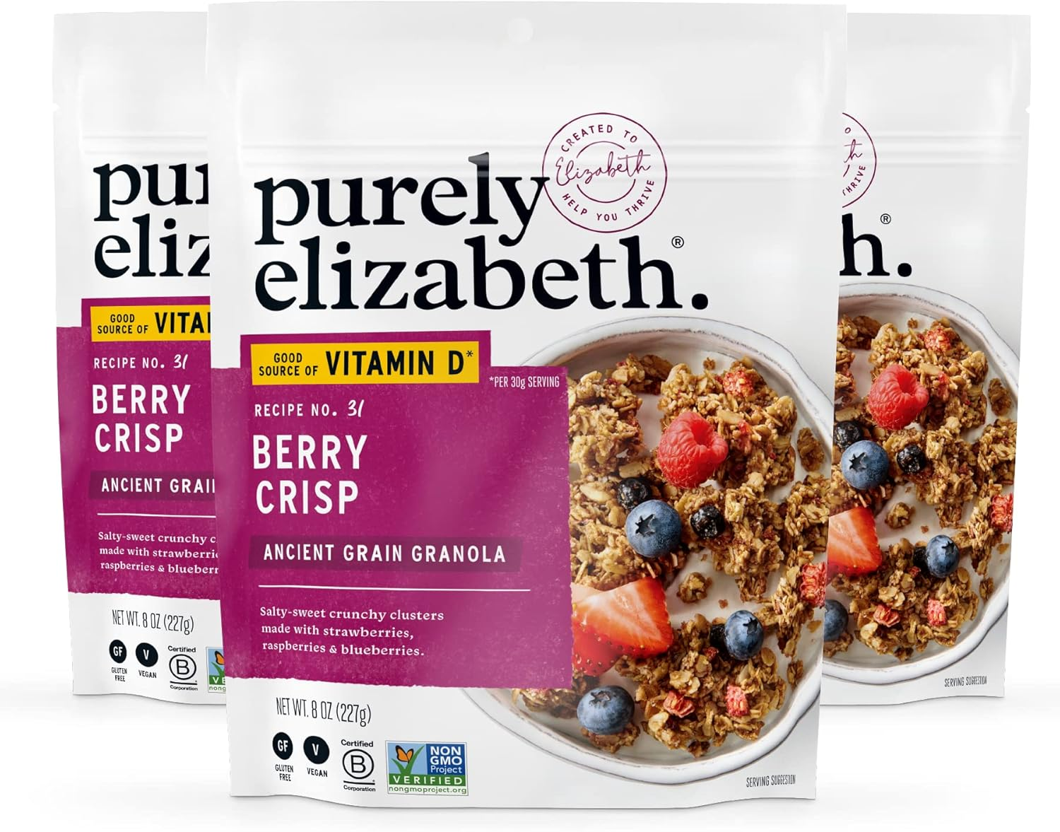 Purely Elizabeth Berry Crisp Granola Wit Vitamin D, Made with Organic Oats and Ancient Grains, Gluten-Free, Non-Gmo (3 Ct, 8Oz Bags) image number 1