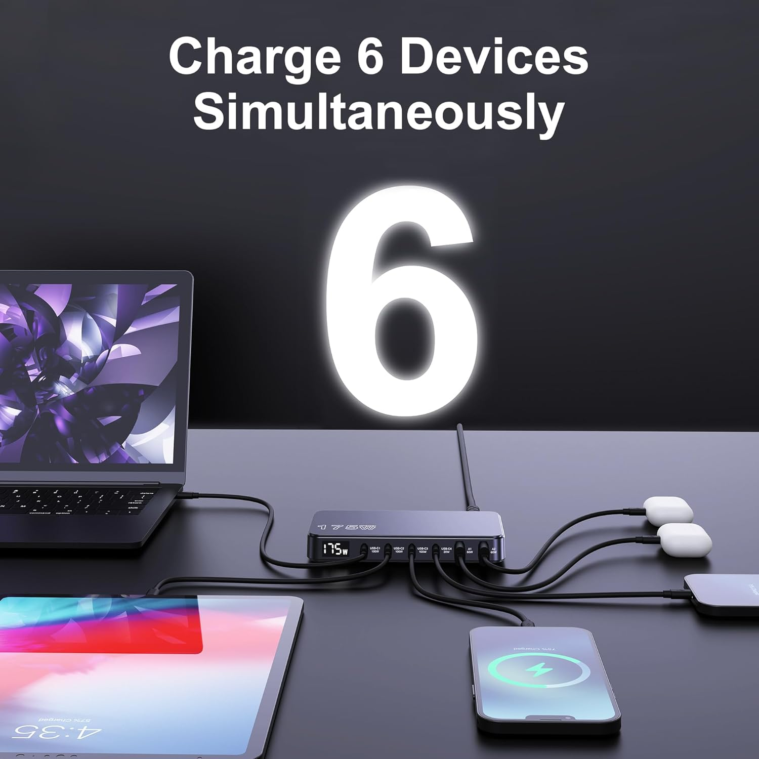Tobetravel 175W USB C Charger, 6-Ports LCD Display Ultra-Thin Gan Charger, PD 100W PPS 45W QC60W Fast Charging Station for Macbook Laptop, Iphone 16 15, Galaxy S25/S24 Ultra, Ipad and More image number 3