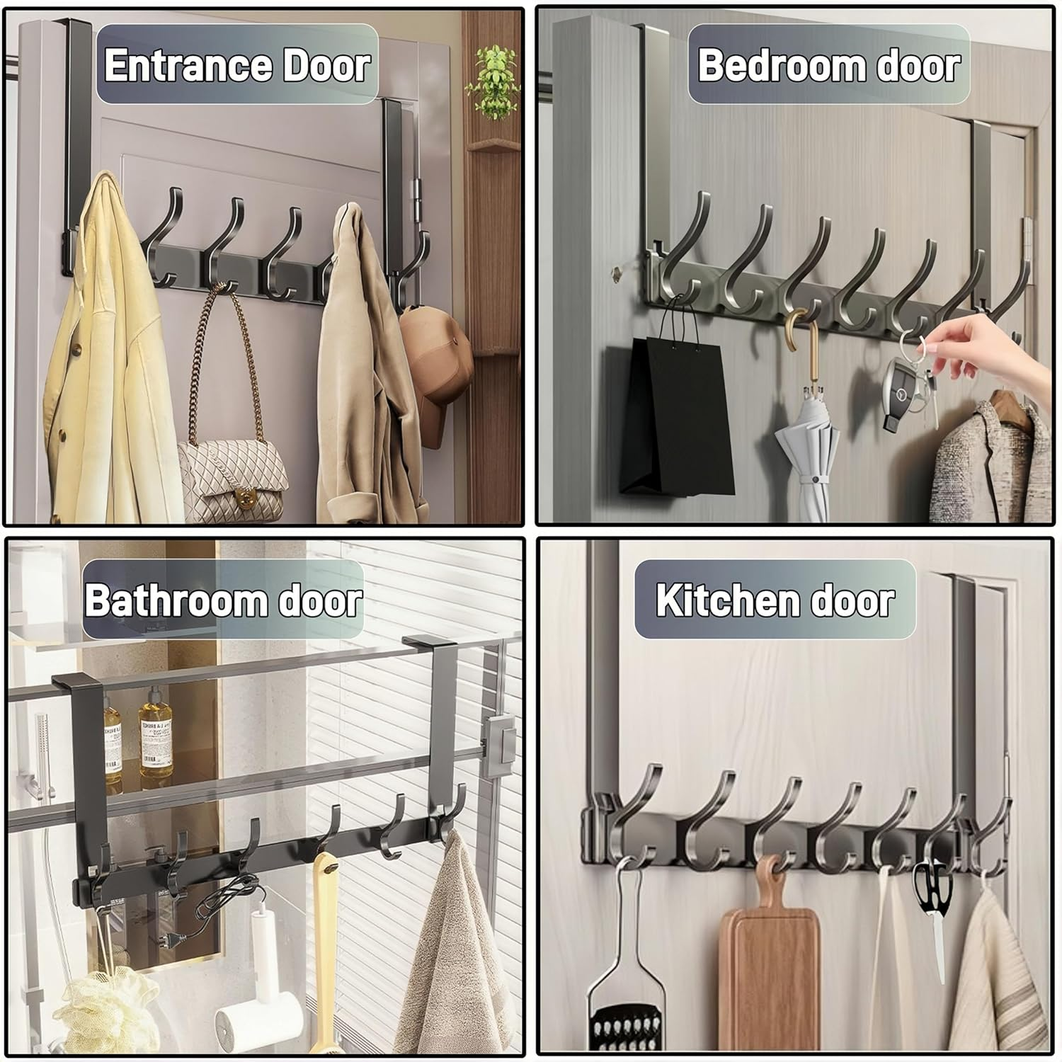Over the Door Hook Hanger with 6 Double Coat Hooks over the Door, over the Door Towel Rack, Towel Rack behind Bathroom Bedroom Closet Door for Hanging Clothes, Towels, Hats, Etc. (Matte Gray) image number 3