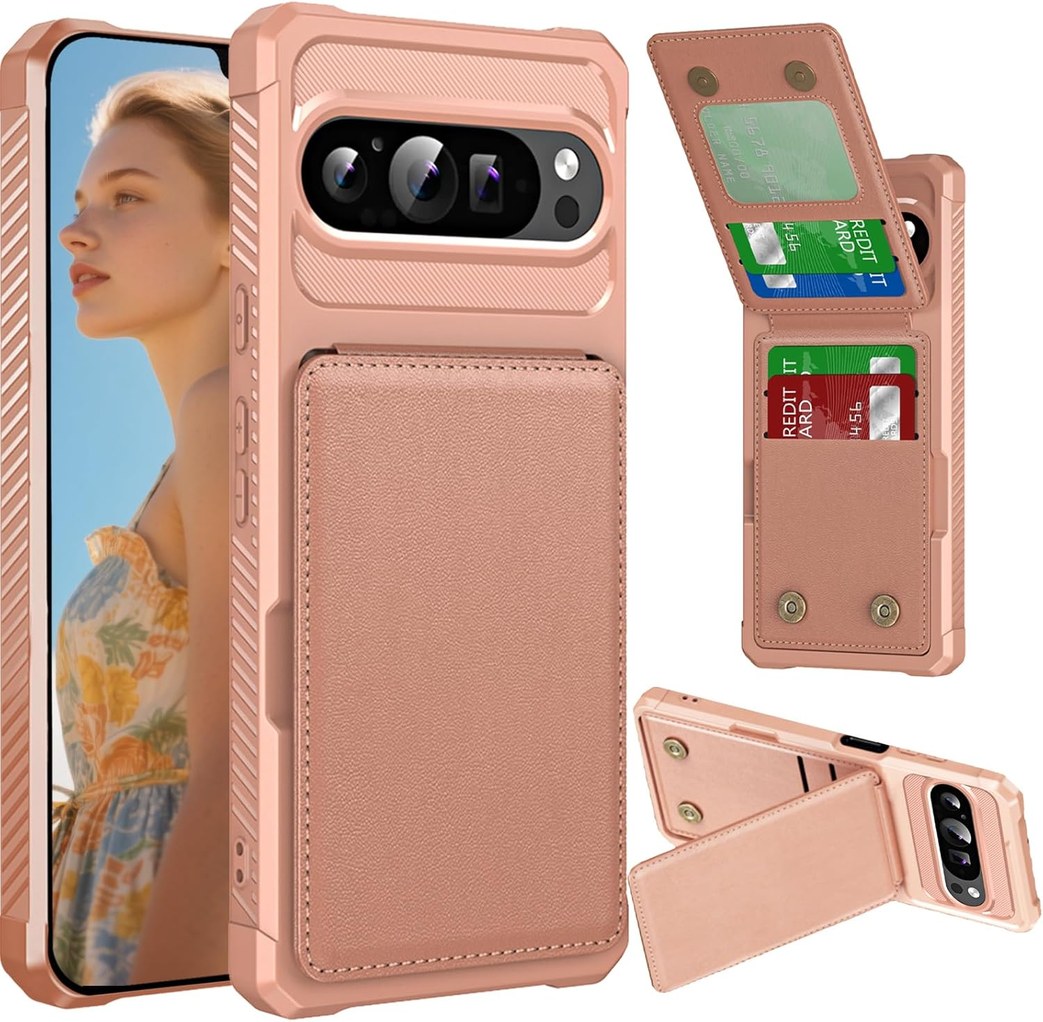 Fofvccv Wallet Case for Google Pixel 10 Pro XL with Double Magnetic Clasp, PU Leather Flip Kickstand Cover with Credit Card Slots Holder for Google Pixel 10 Pro XL ZM Rose