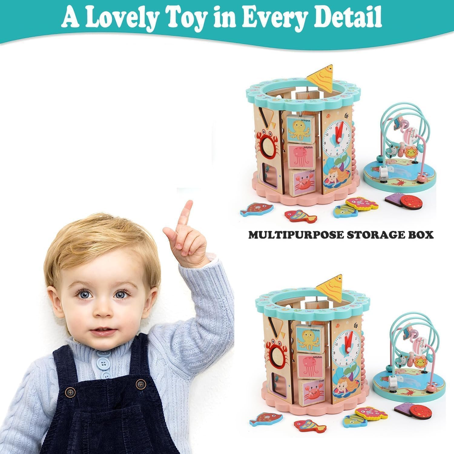 Fohouse Wooden Activity Cube, 8-In-1 Montessori Toys for 12+ Months Babies, Early Educational Toys, Shape Sorter Blocks and More, Baby Sensory Fine Motor Skills Developmental Toys