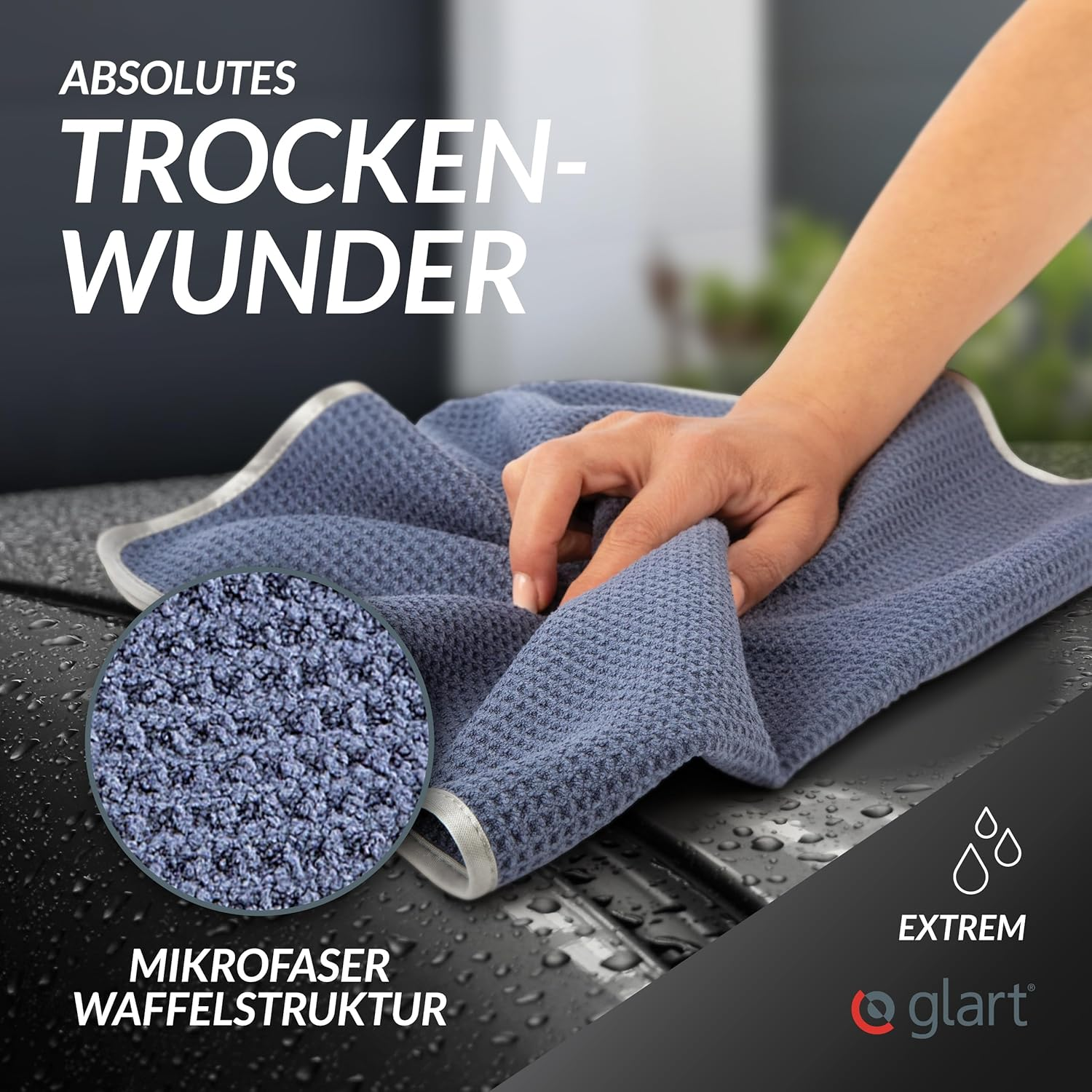 Glart 47TB Set of 2 Car Microfibre Cloths Drying Cloths for Car Care, Car Paint, Motorcycle, Kitchen, Dishes - Waffle - 70 X 40 Cm Blue, Microfibre Cloths Also for Window Cleaners