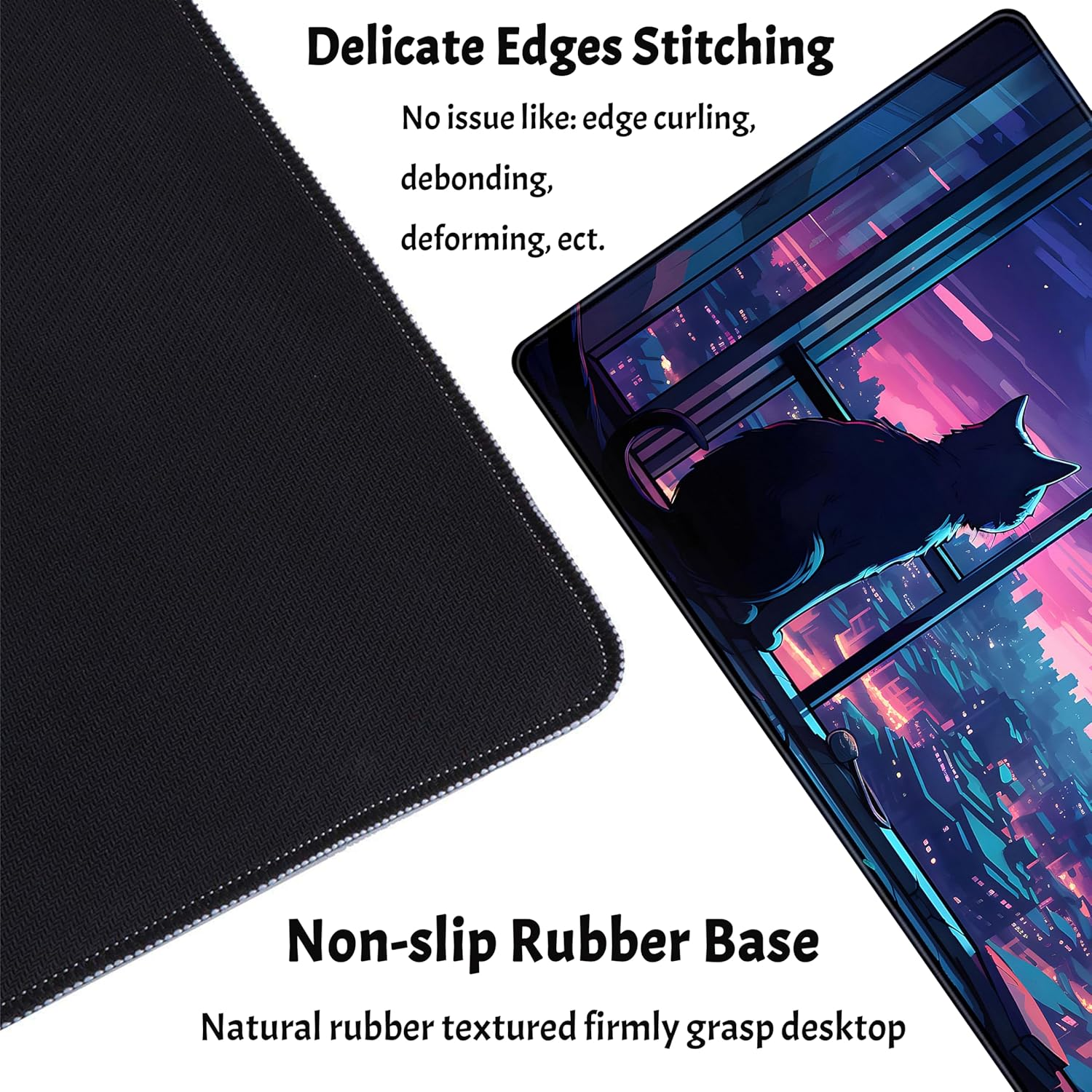 Cool Purple Kawaii Anime Moom Cat Desk Mat XXL Large Gaming Mouse Pad, Cute City Cats Desk Pad for Gamer Girl Women Office Desk Decor Mousepad, Computer Laptop Keyboard and Mouse Mat 31.5X15.75 In image number 2