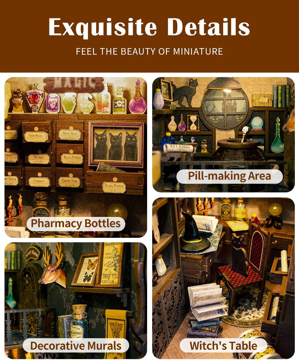 CUTEBEE DIY Book Nook, Miniature Dollhouse Kit 3D Wooden Puzzle Booknook Bookshelf Insert Decor DIY Bookends Model Build-Creativity Kit Book Nook Kits for Adults (Magic Pharmacist) image number 4