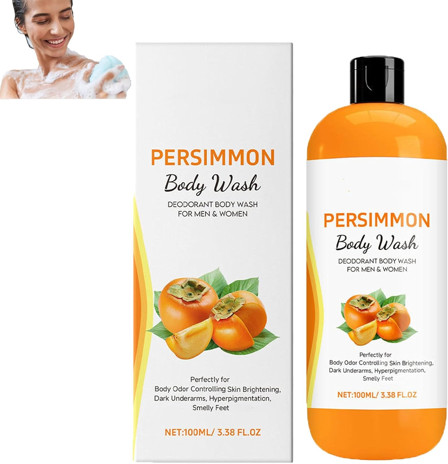 Persimmon Body Wash for Body Odor Controlling, Natural Deodorant Wash, Deeply Cleansing & Moisturizing, Fresher Scent, Gentle Ingredient Persimmon Extraction Oil for Women (3Pcs)