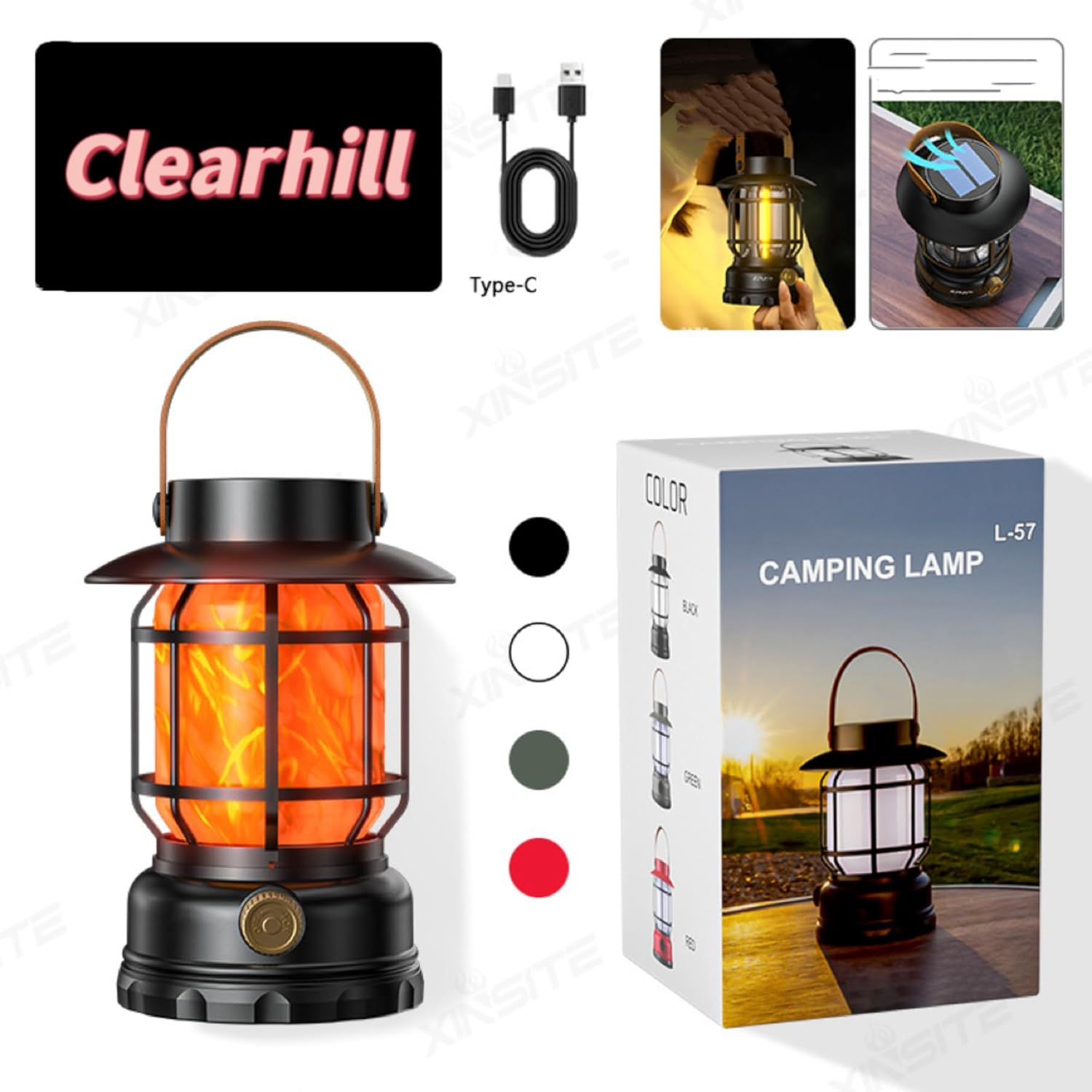 Clearhill Rechargeable Camping Lantern, Flame Decorative Table Lamp, 2Modes LED Light with Hook,Dimmable Vintage Style,Portable Waterproof Camping Light for Indoor/Outdoor Use (Black) image number 1