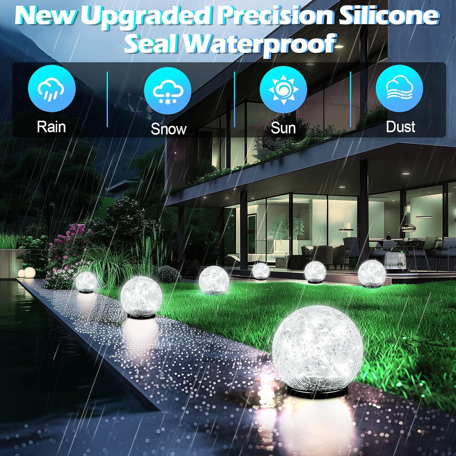 Garden Solar Ball Lights Outdoor Waterproof, 50 LED Cracked Glass Globe Power Ground for Path Yard Patio Lawn, Outdoor Decoration Landscape White (2 Pack 4.7'') image number 2