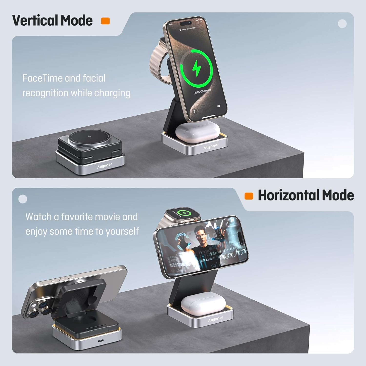 【2025 Upgraded】Magnetic Wireless Charger 3 in 1, Travel Foldable Wireless Charging Station with Night Light for Apple Magsafe Charger, Nightstand Fast 15W Charging Station (20W Adapter) image number 1