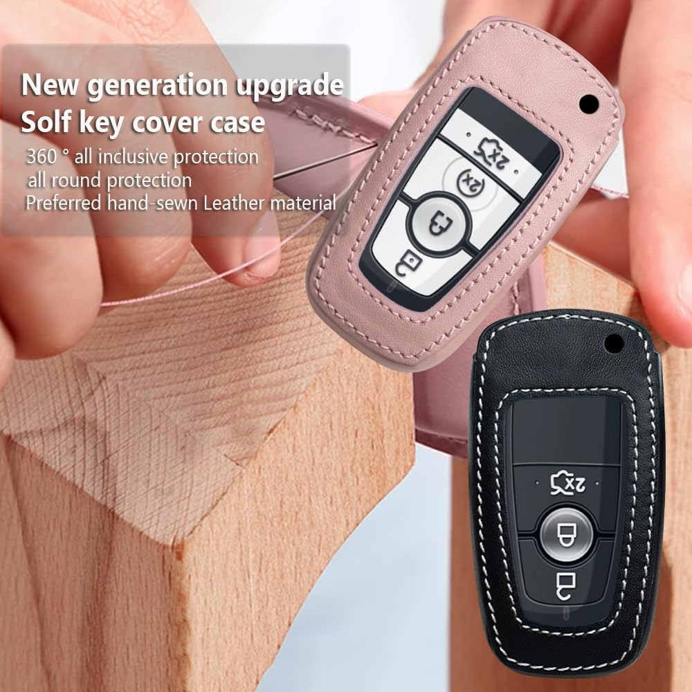 Ontto Leather Car Key Fob Cover Fit for Ford Ranger Everest Transit Custom Kuga Mustang Ecosport Key Case Holder Shell Key Chain Keyring Protector Accessories 3/4 Buttons - 1-Pink image number 7