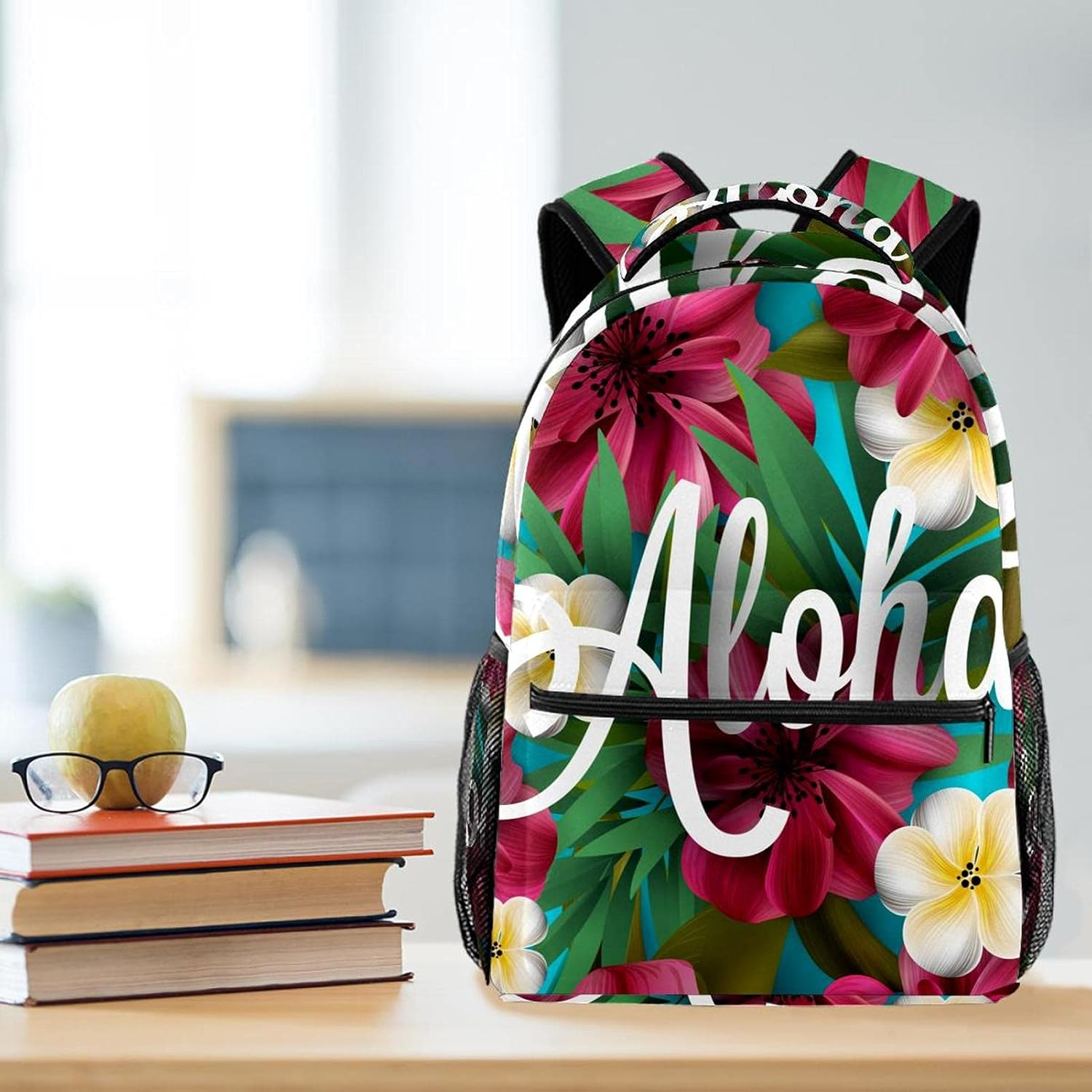 Hibiscus Pink Lily Orchid Plumeria Flowers Palm Leaf Backpack Students Shoulder Bags Travel Bag College School Tote Backpacks image number 1