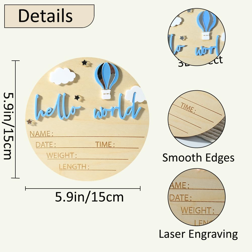 Ylsteed Baby Announcement Sign - Wooden Hello World Newborn Signs for Boy and Girl, Baby Birth and Shower, Hospital Nursery Decor image number 2