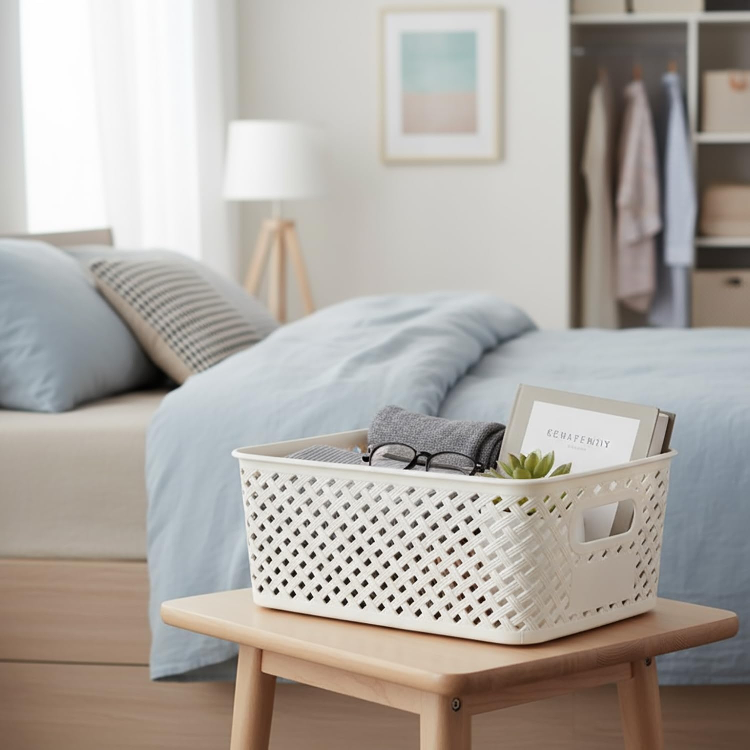 6-Pack Plastic Storage Baskets, Stackable Weave Baskets, Household Sundries Storage Baskets for Organizing Closets, Cabinets, Pantries, Shelves and Countertop Space (6 Pack-White-Plastic Lid) image number 3