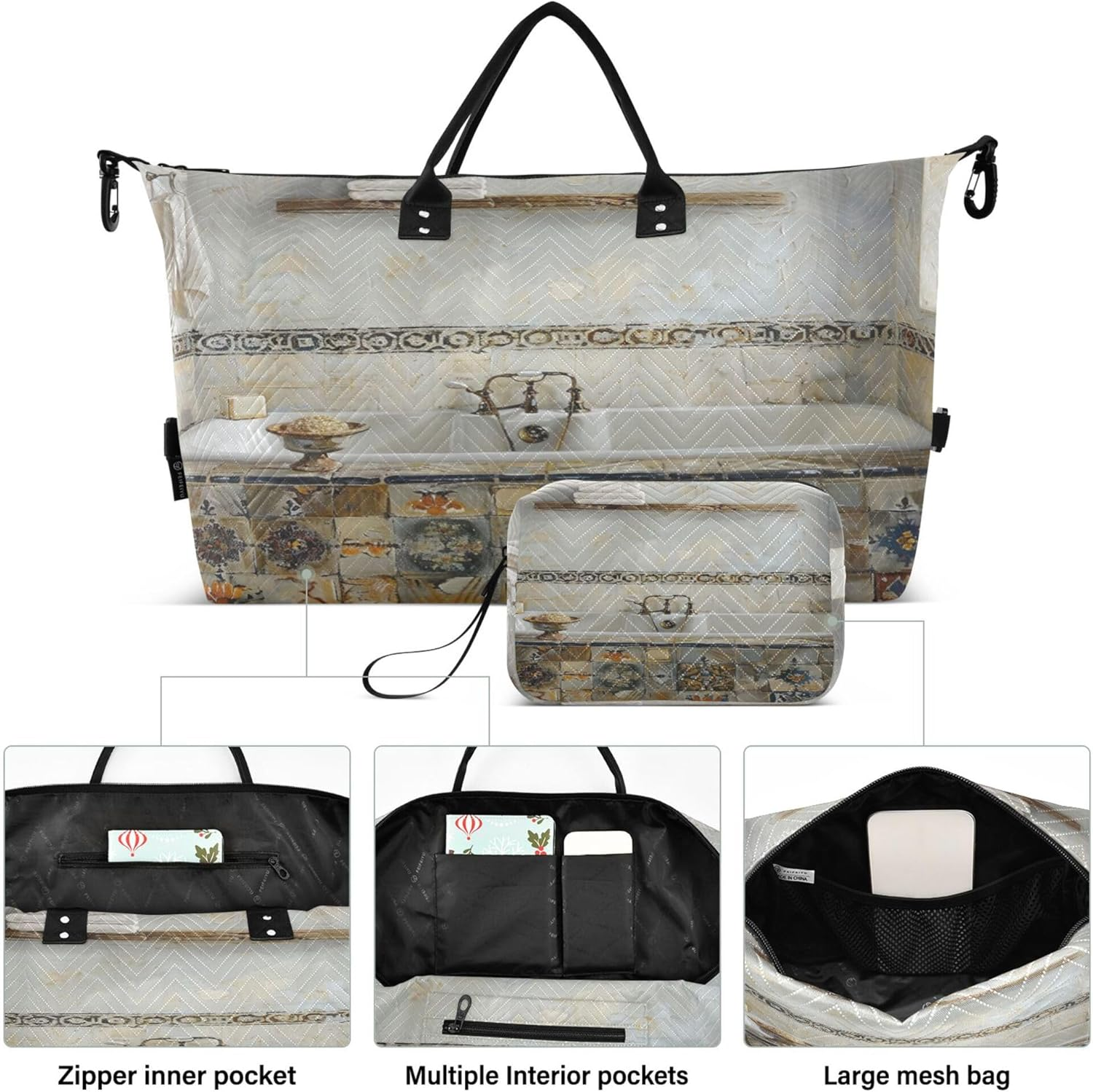 Duffel Bags Sport Training Bag Overnight Bag with Toiletry Bag for Travel Large Capacity Elegant Bathtub with Vintage Tiles, Multi, One Size, Modern/Fitted, Multi, One Size, Modern/Fitted