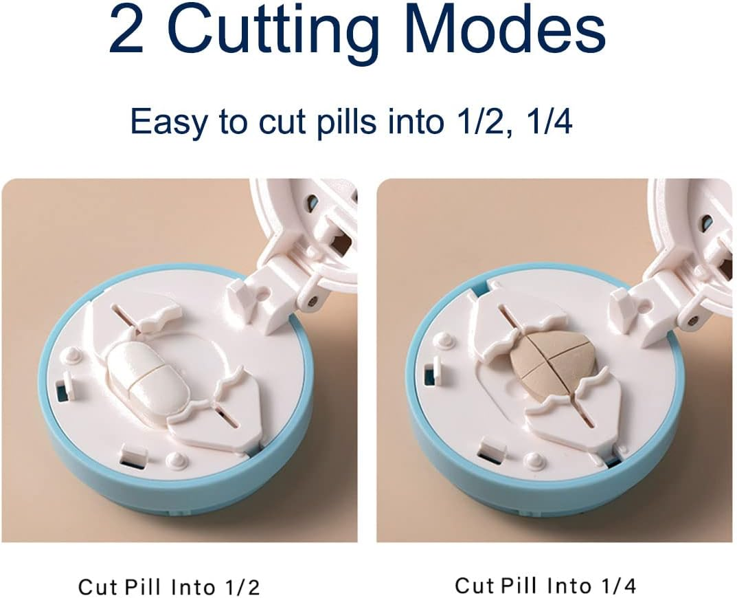 Champshop Safety Hidden Blade Pill Cutter and Storage for Splitting Small and Large Tablet into Half or Quarter (Blue)