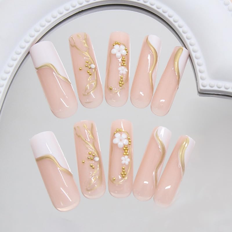 Mouyouglow Press on Nails Long, Square White French 3D Daisy Flowers Floral Gold Striped Design Fake Nails with Nail Glue, White French Flowers Y2K INS Pearl Artificial Fingernails image number 3