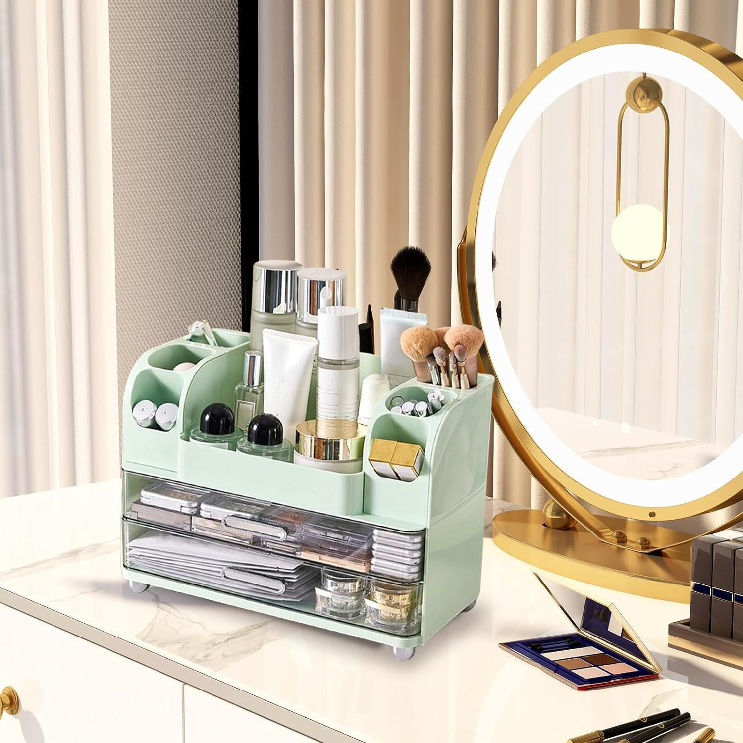 Vgvgaj Makeup Organizer - Cosmetic Tabletop Holder - Countertop Organizer with Drawer for Makeup Jewelry Toiletries Medicine Crafts Dresser Kitchen Bathroom - Green image number 4