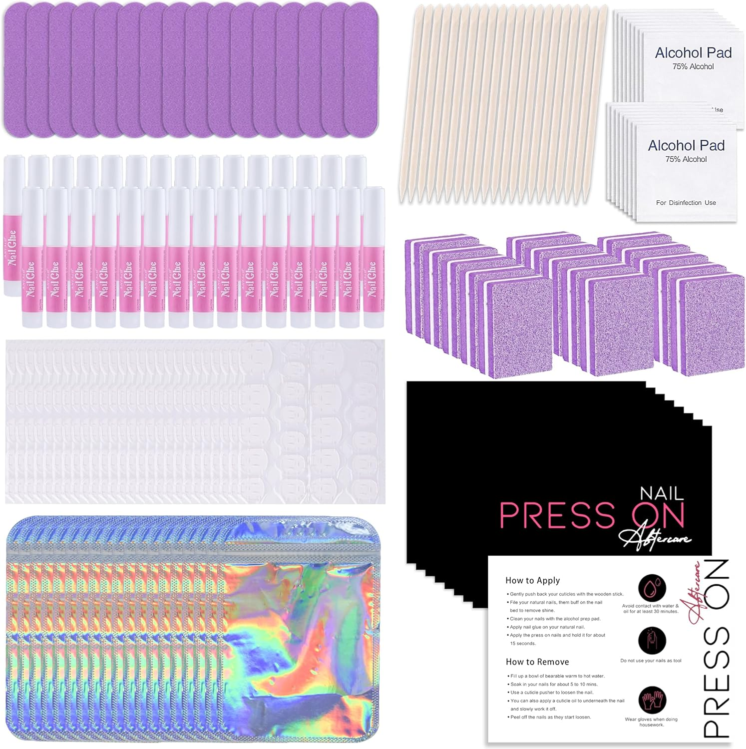 50 Set Press on Nail Tool Prep Kit for Salon Business, Disposable Manicure Kit with Nail File, Buffer, Glue, Prep Pad, Instruction Card, Adhesive Tabs, Wood Stick, Purple Packaging Bag image number 3