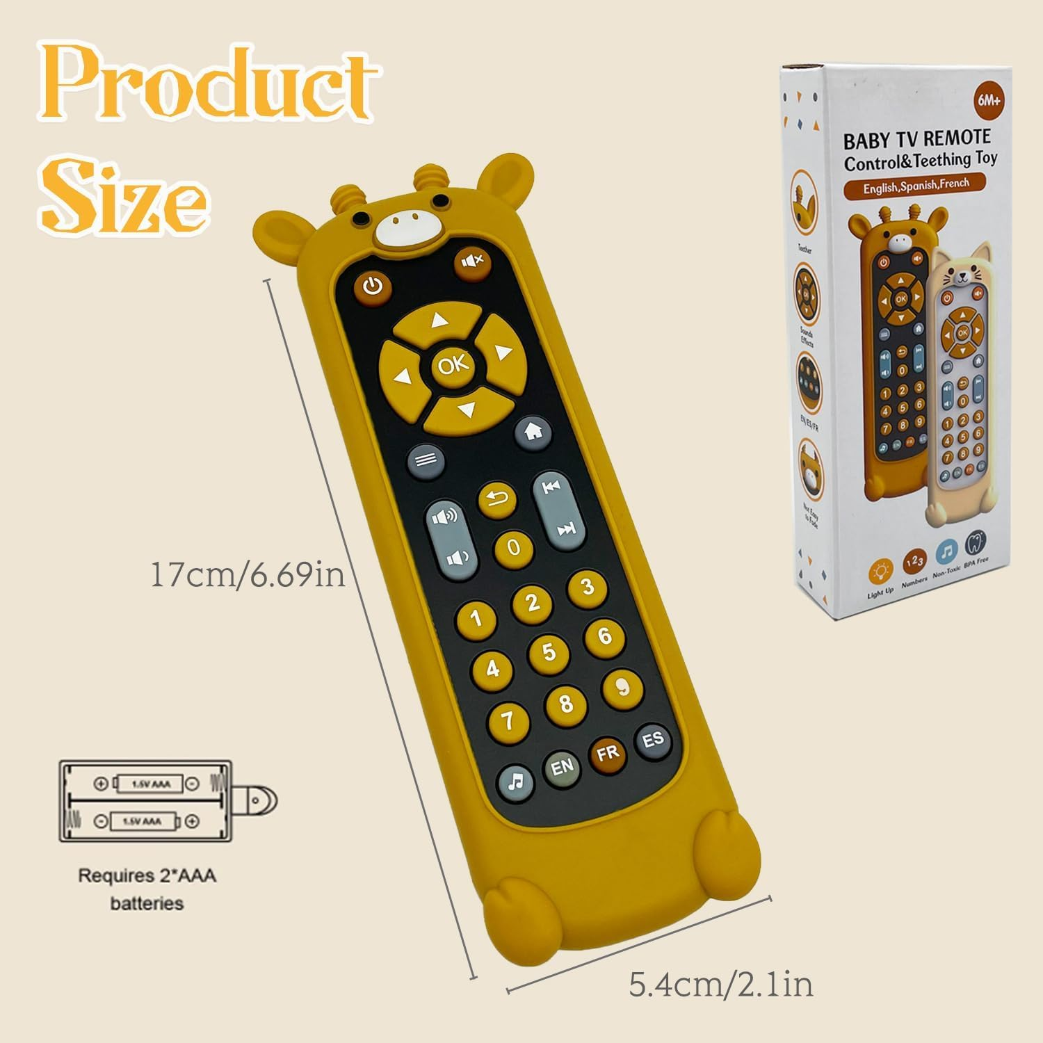 Baby TV Remote Control Toy with Cute Giraffe Soft Silicone Cover Toy, Realistic Baby Musical Remote Control Toy with Light ＆ Sound, Educational Toys with 3 Language for 6M+Toddlers image number 2