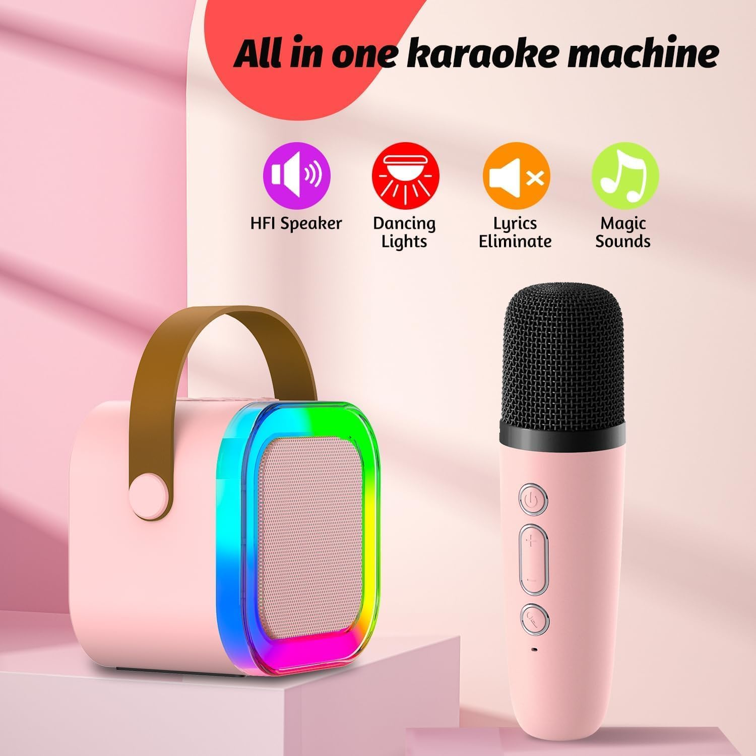 Karaoke Machine for Kids, Mini Portable Bluetooth Karaoke Speaker with 2 Wireless Mics and Led Colorful Lights for Kids Adults, Gifts Toys for Girls Boys Family Home Party (Pink) image number 5