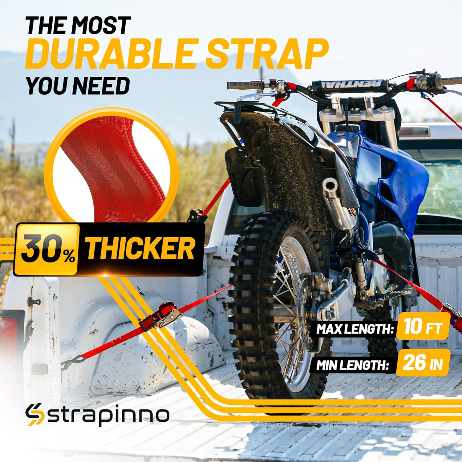Strapinno Retractable Ratchet Straps 1 in X 10 Ft, Secure Tie-Downs with Rubber-Coated Steel Handles, for Motorcycle, Jetski, Kayak, Breaking Strength 1,500LBS/680KG (Red Strap, Black Coated) image number 1