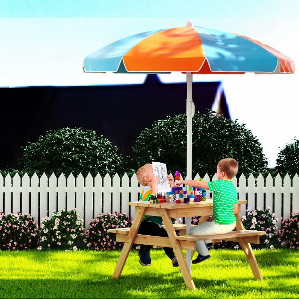 Keezi Kids Table and Chairs with Umbrella, 75 X 40 X 54Cm Outdoor Lounge Setting Picnic Water Tables Garden Benches Seat Sandpit Camping Beach Children Play Equipment, 2 Storage Boxes image number 4