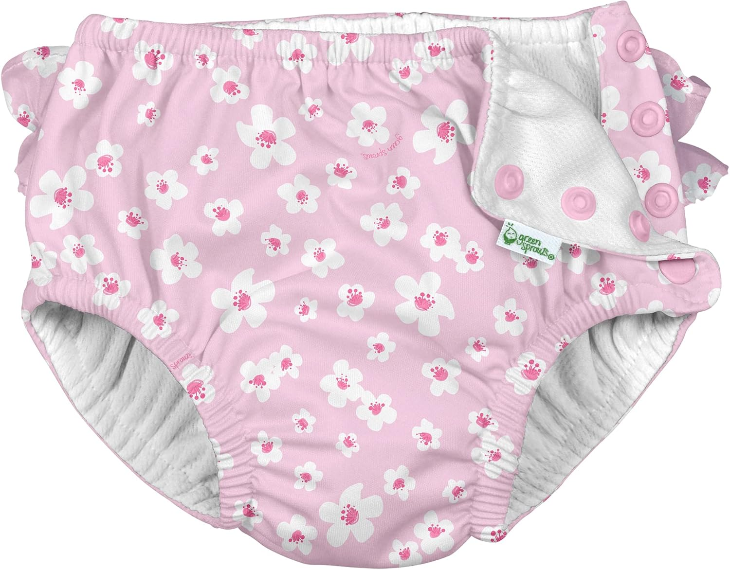 Green Sprouts I Play. by Baby-Girls Ruffle Snap Reusable Swim Diaper, Light Pink Small Blossoms, 24-3T