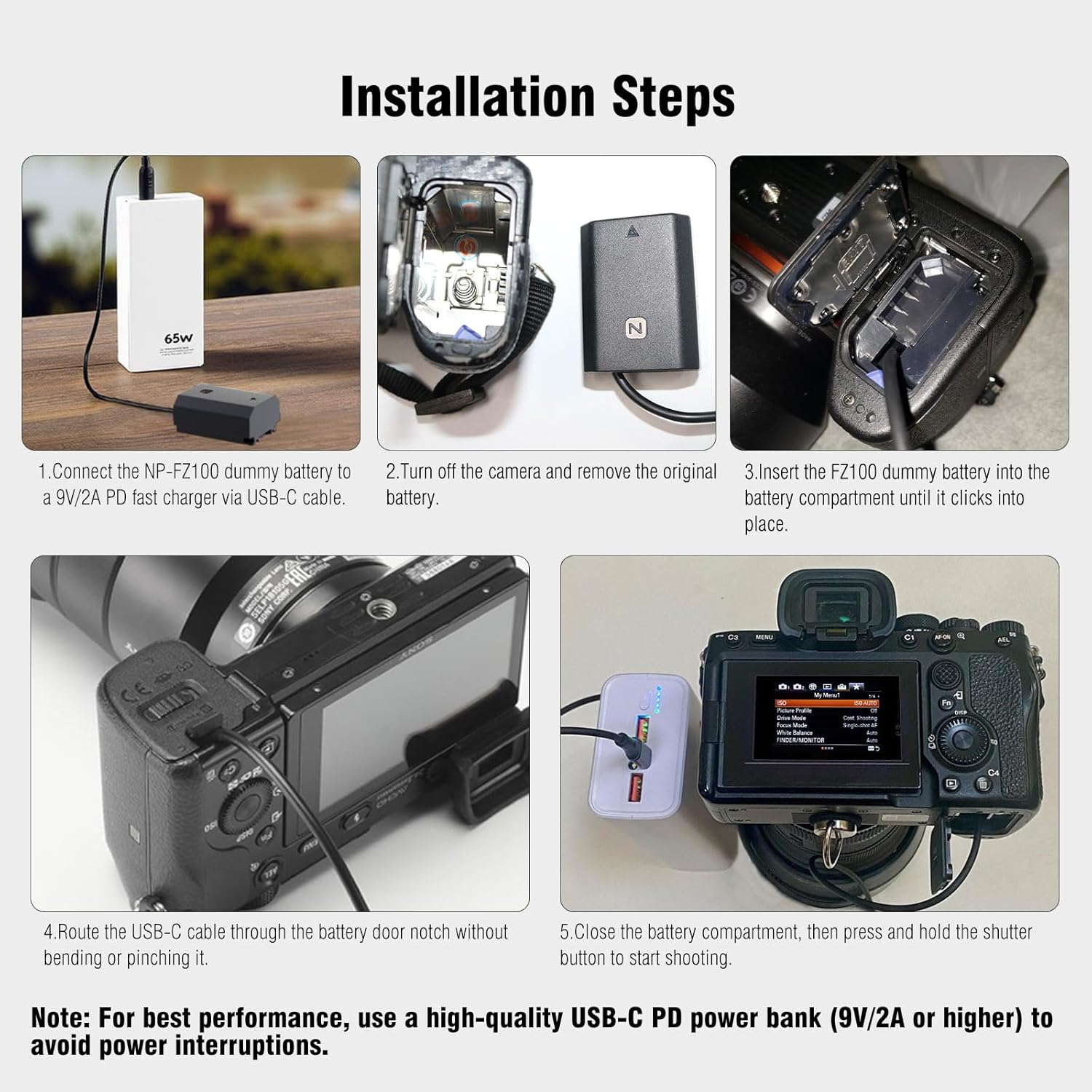 F1TP USB-C NP-FZ100 Dummy Battery Type-C Power Cord Kit Replace ACK-FZ100 Coupler for Sony Alpha 9 A9 A9 II A9R A9S A6600 A7C A7III A7S III A7RIII A7R IV ... image number 5