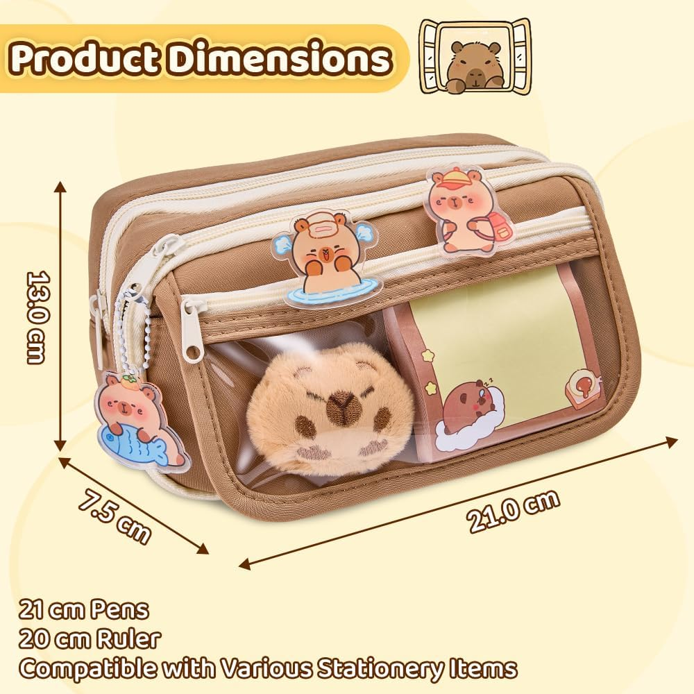 WOTOW Cute Capybara Pencil Case, Large Capacity 9-Compartment Pencil Pouch, Including Plush Brooch, Pendant, Sticker and Clips, Adorable School Supply Gift for Kids Teen Girls Boys Adults image number 3