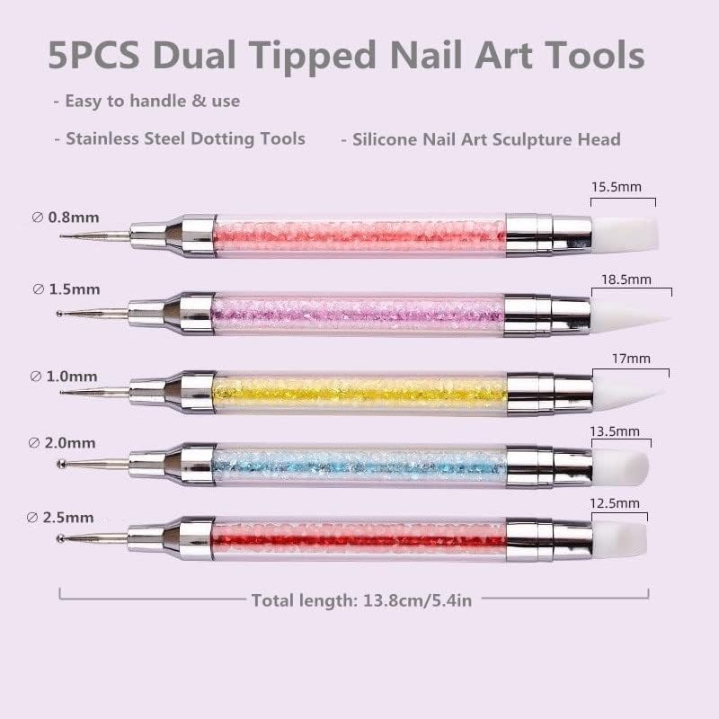 FULINJOY 5PCS Dual-Ended Nail Art Sculpture Pen Dotting Tools, Silicone Nail Polish Brushes Stainless Steel Carving Drawing Dotting Tool, Acrylic Rhinestone Handle, Nail Art Tools image number 4