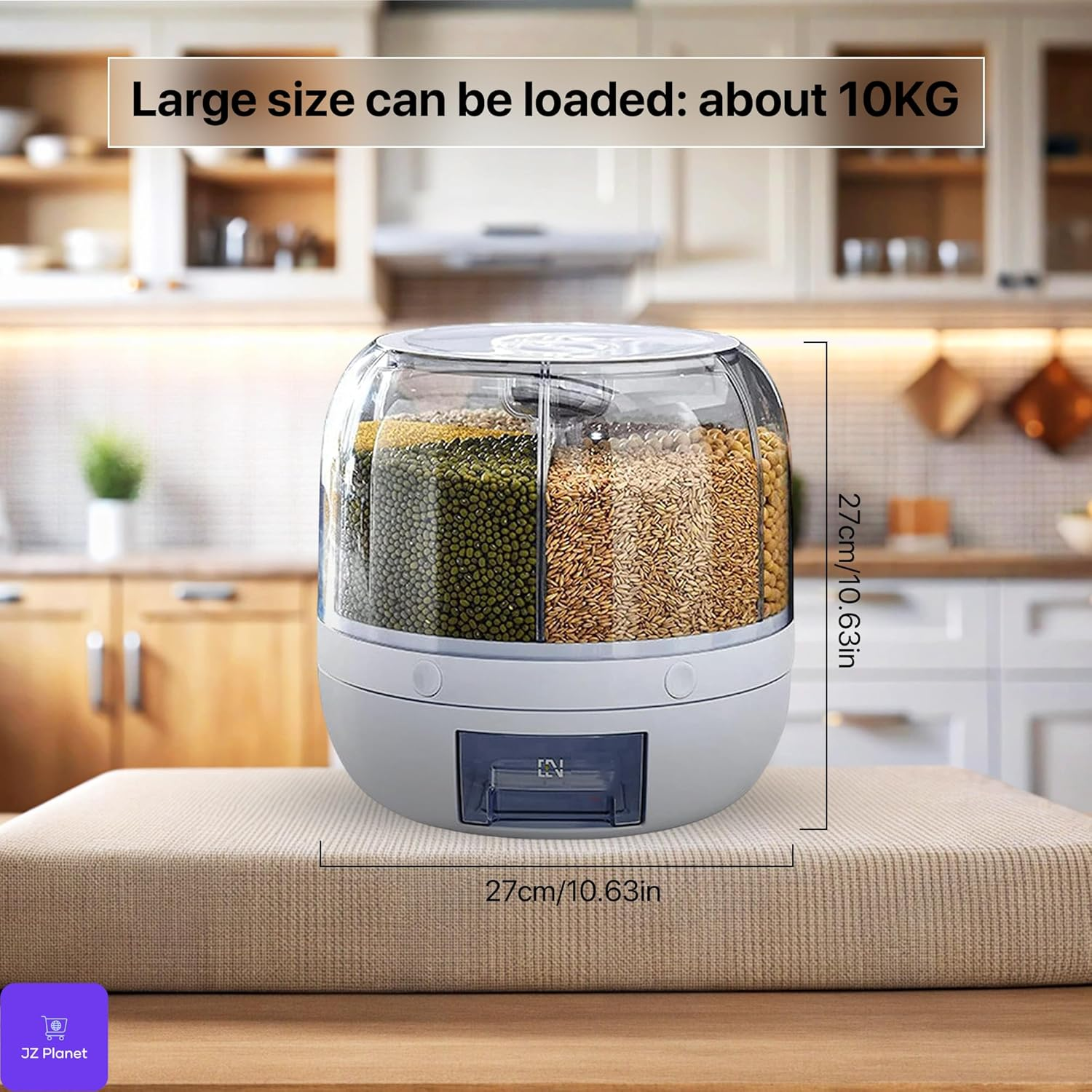 JZ Planet 6-Grid Rotating Food Grain Dispenser &ndash; 3.6L Airtight Dry Food Storage Container with One-Touch Release &ndash; White Bpa-Free Plastic Organizer for Cereal, Rice, Nuts, Snacks & Kitchen Pantry Use image number 2